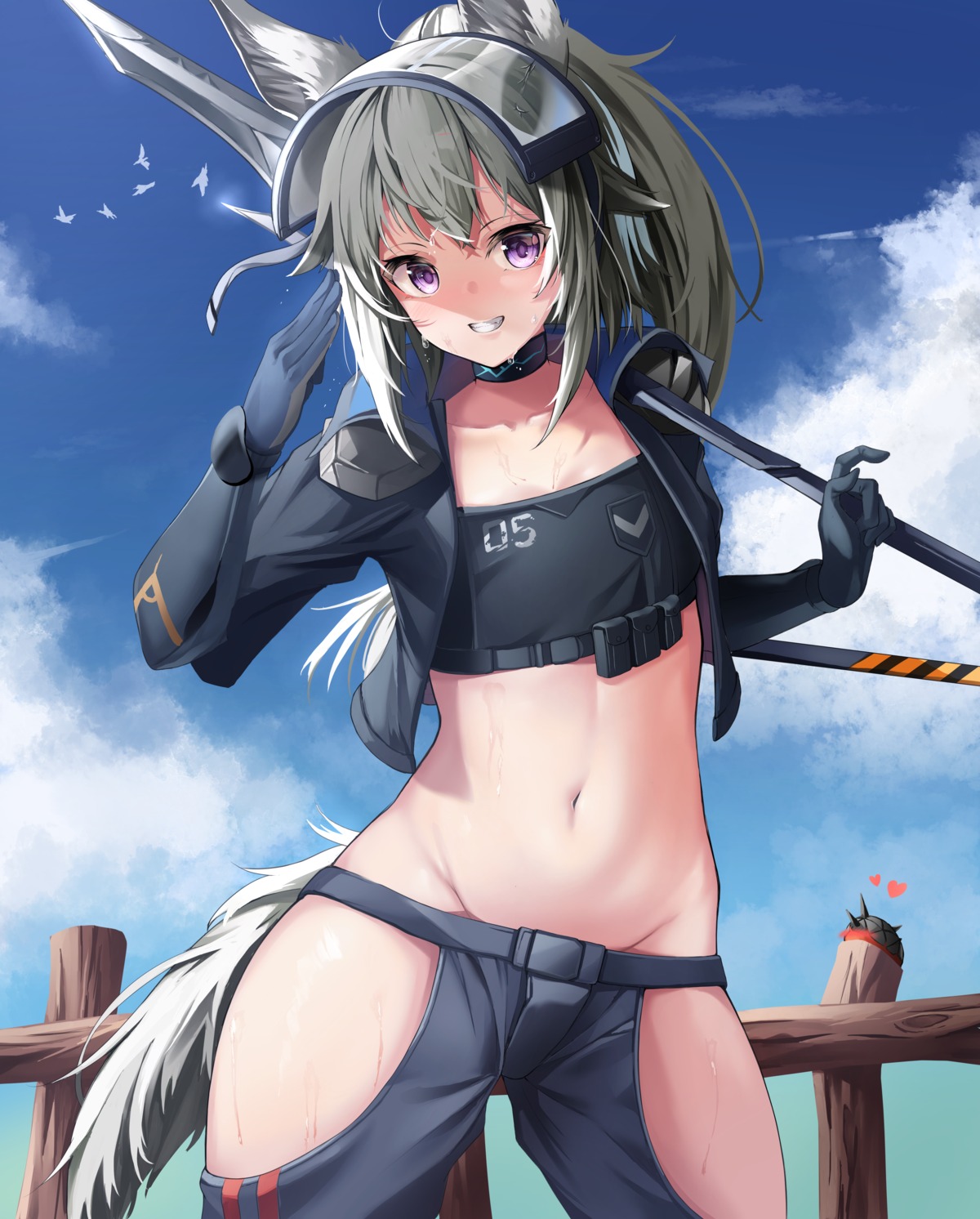 animal_ears, arknights, chun_bae, grani_(arknights), nopan, tail, weapon, wet