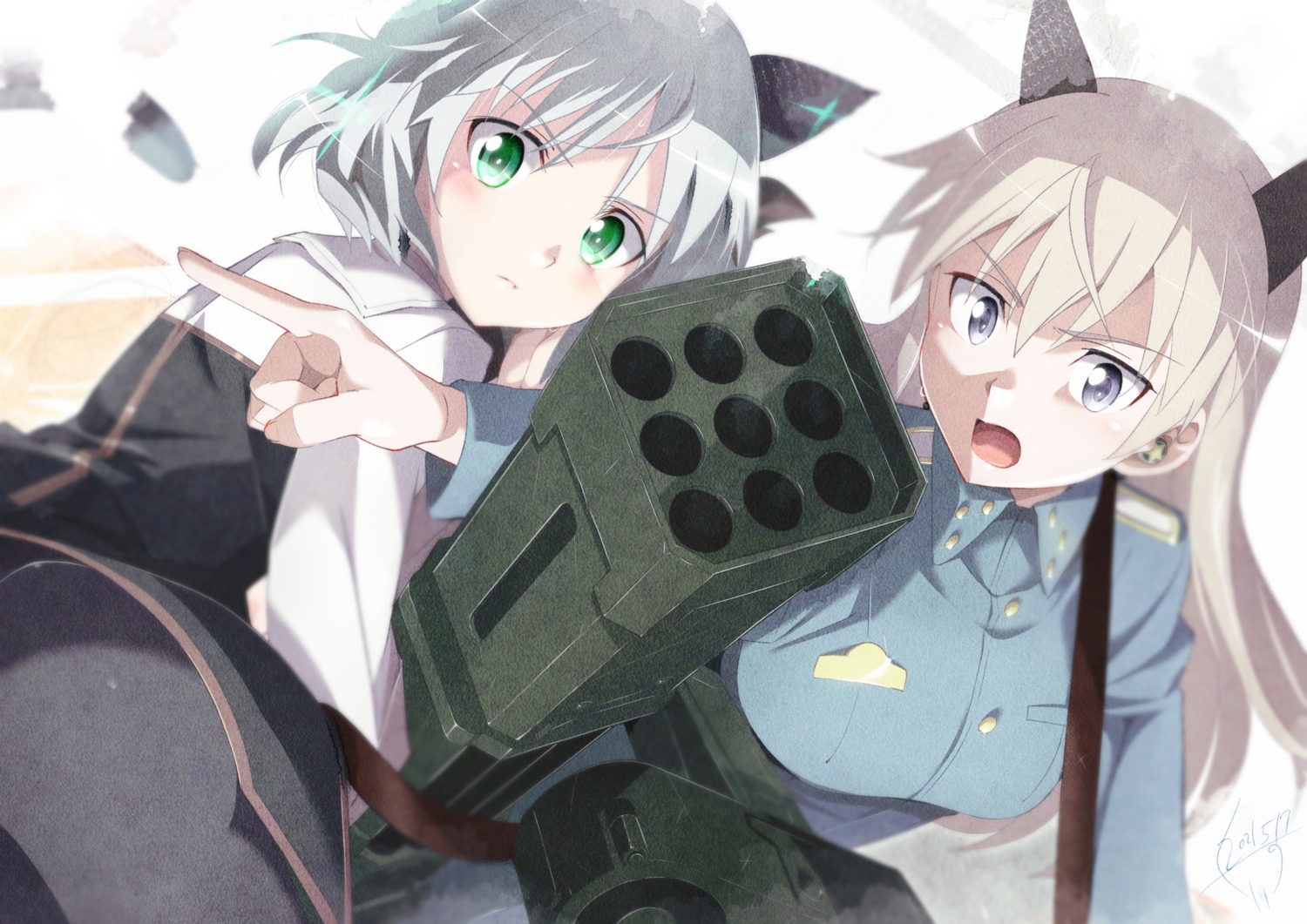 animal_ears, eila_ilmatar_juutilainen, gun, jet_yowatari, kitsune, nekomimi, sanya_v_litvyak, strike_witches