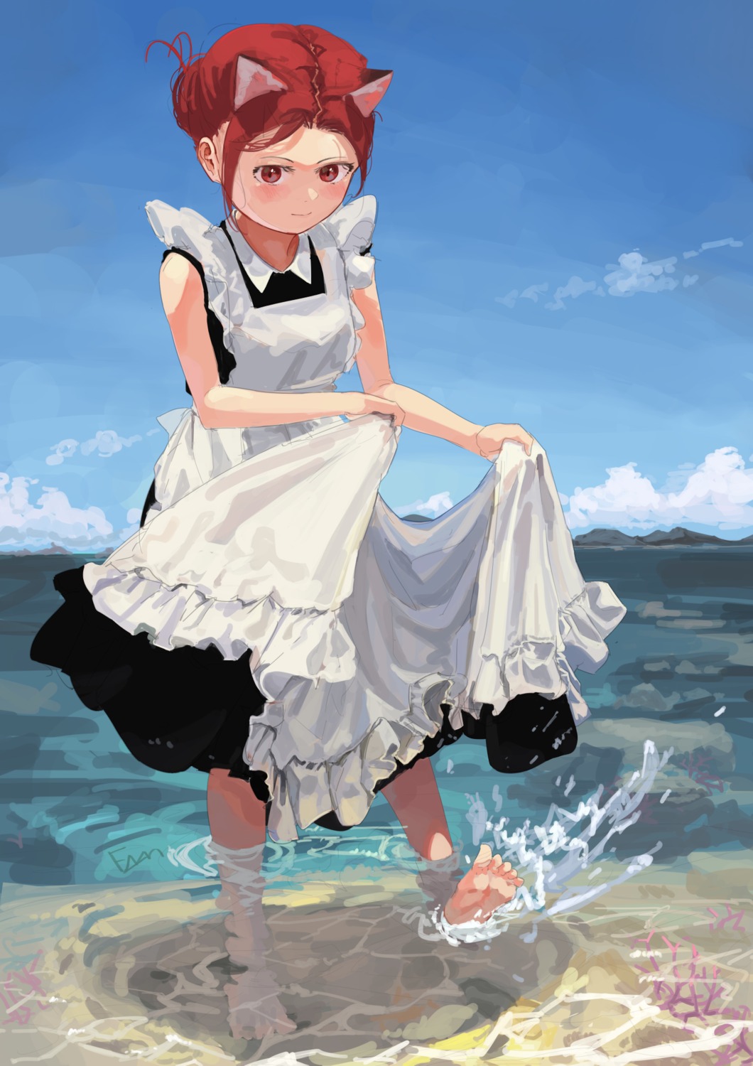 animal_ears, feet, kn_rookie, maid, nekomimi, skirt_lift, wet