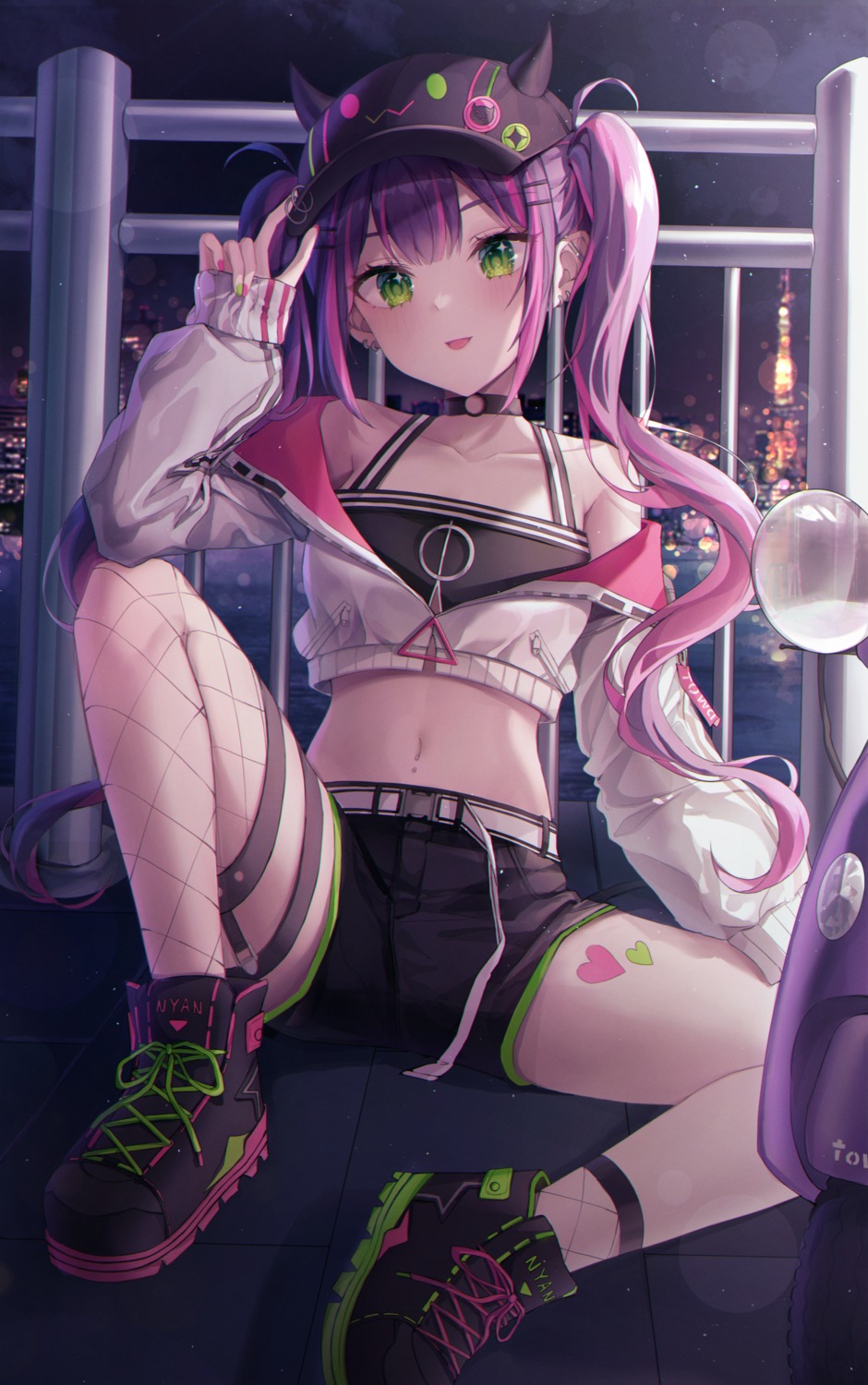 eunyoo, fishnets, garter, hololive, stockings, tattoo, thighhighs, tokoyami_towa