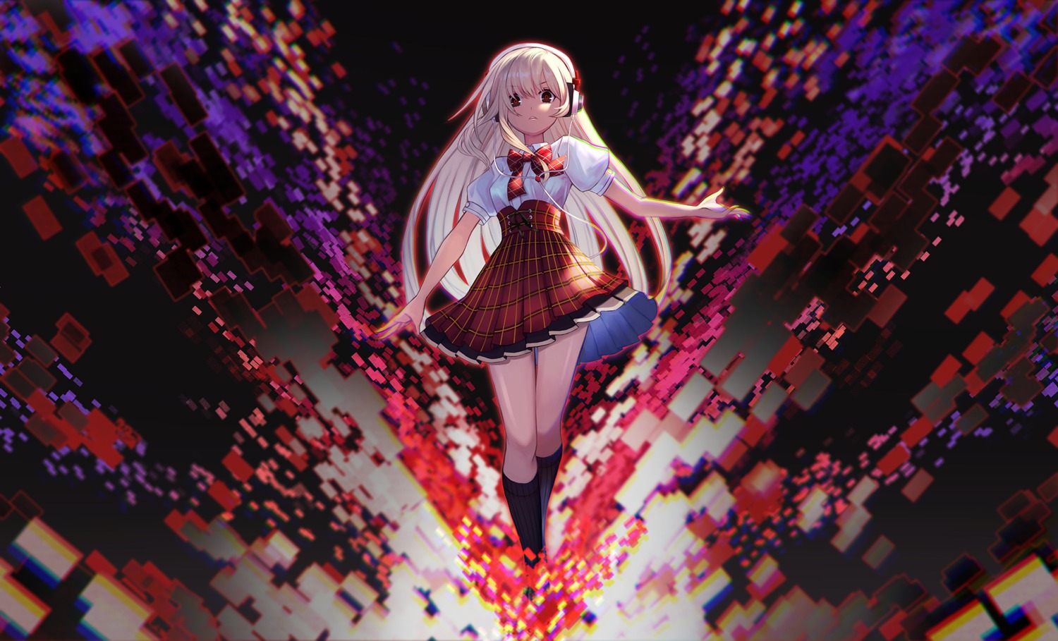 headphones, seifuku, skirt_lift, skymax
