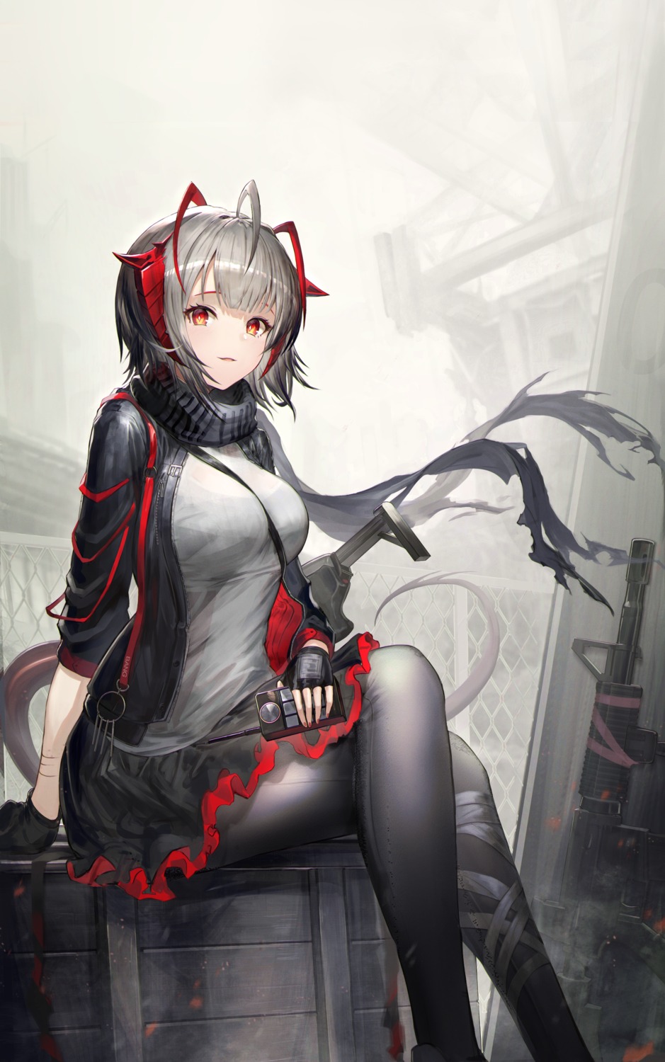 arknights, gun, horns, pantyhose, skirt_lift, tail, w_(arknights), yuji