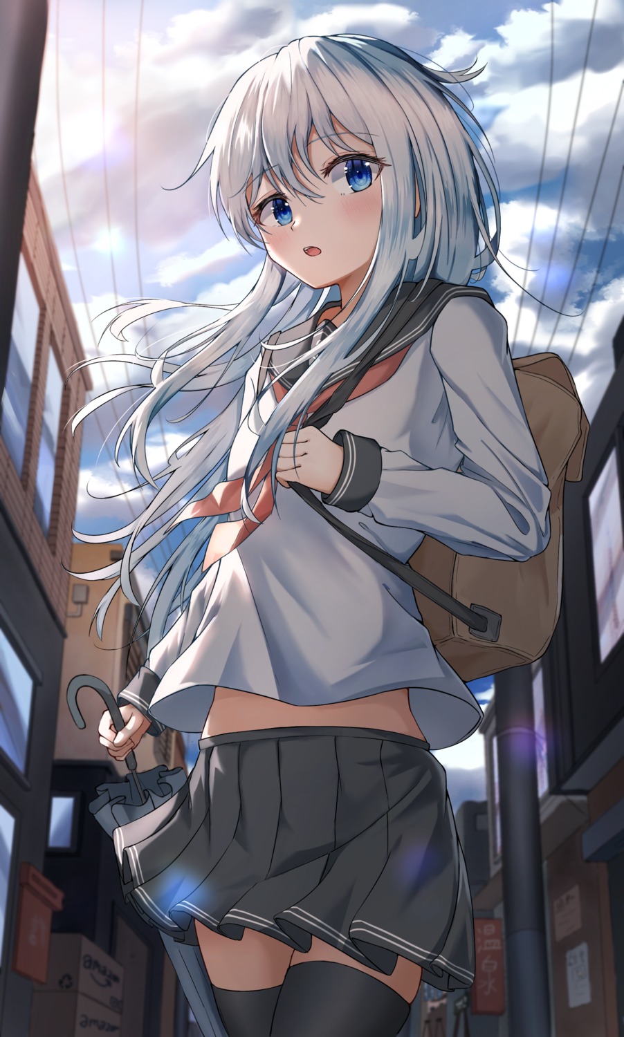 dfd, hibiki_(kancolle), kantai_collection, seifuku, thighhighs, umbrella