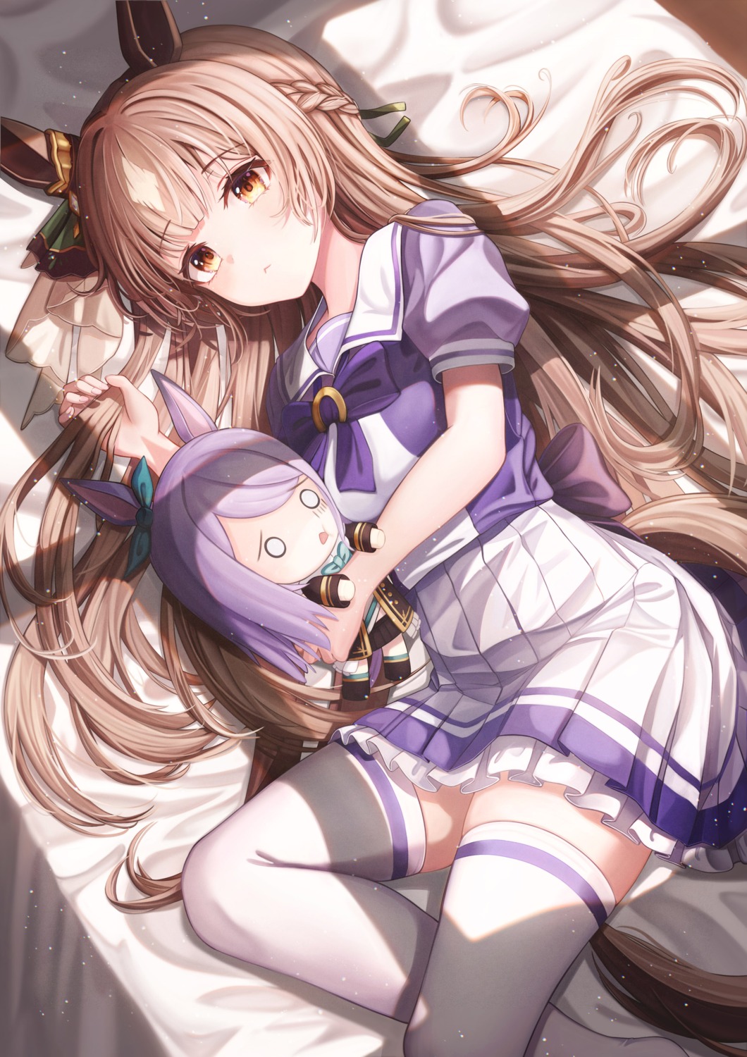 animal_ears, chibi, funii, mejiro_mcqueen_(umamusume), satono_diamond_(umamusume), seifuku, tail, thighhighs