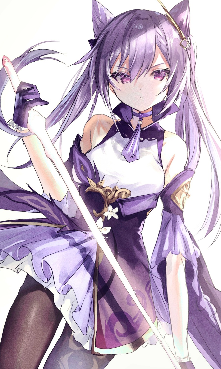 asian_clothes, genshin_impact, irohatomo, keqing, pantyhose, skirt_lift, sword