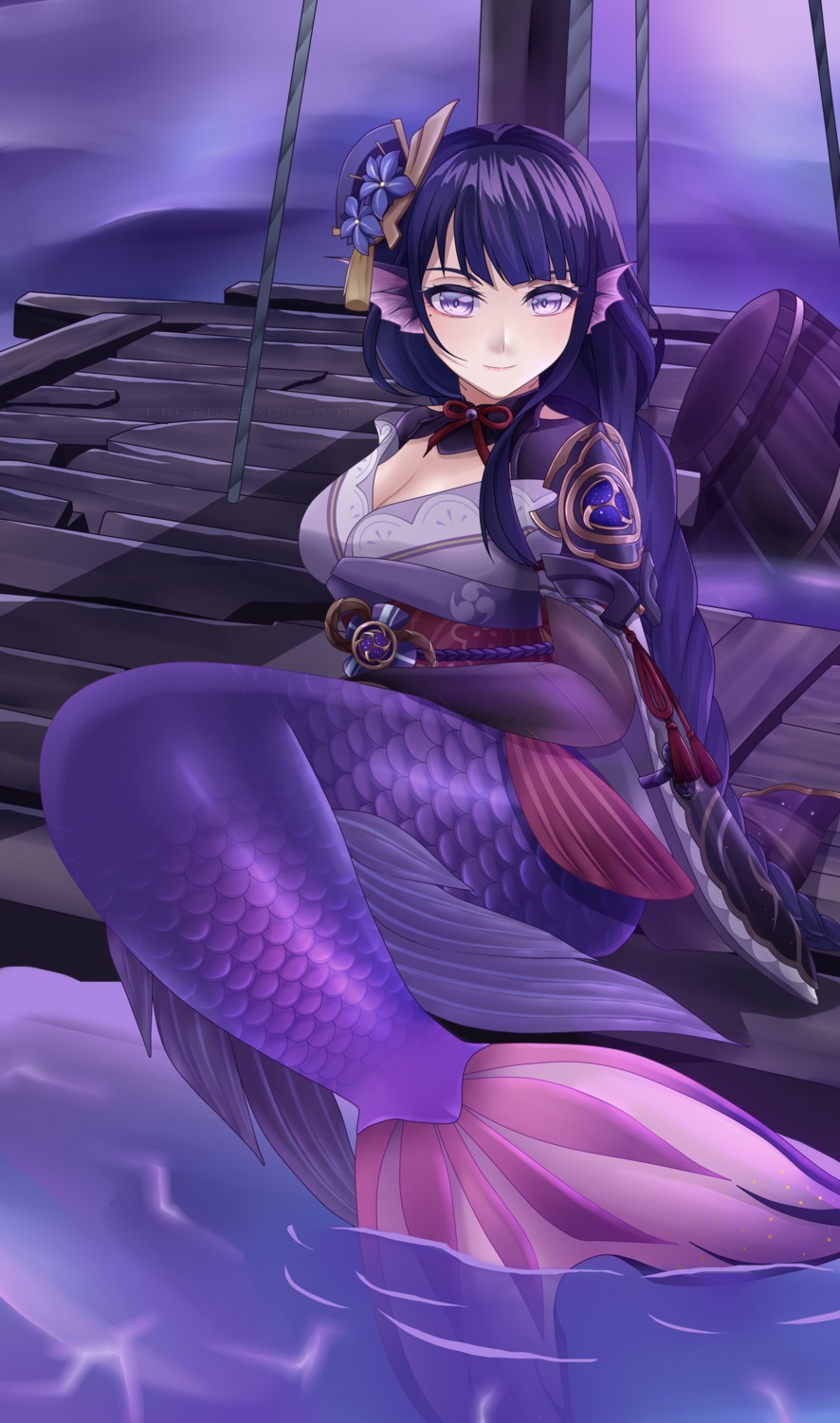 cleavage, genshin_impact, japanese_clothes, mermaid, monster_girl, raiden_shogun, tail, wet, zerorespect_bot
