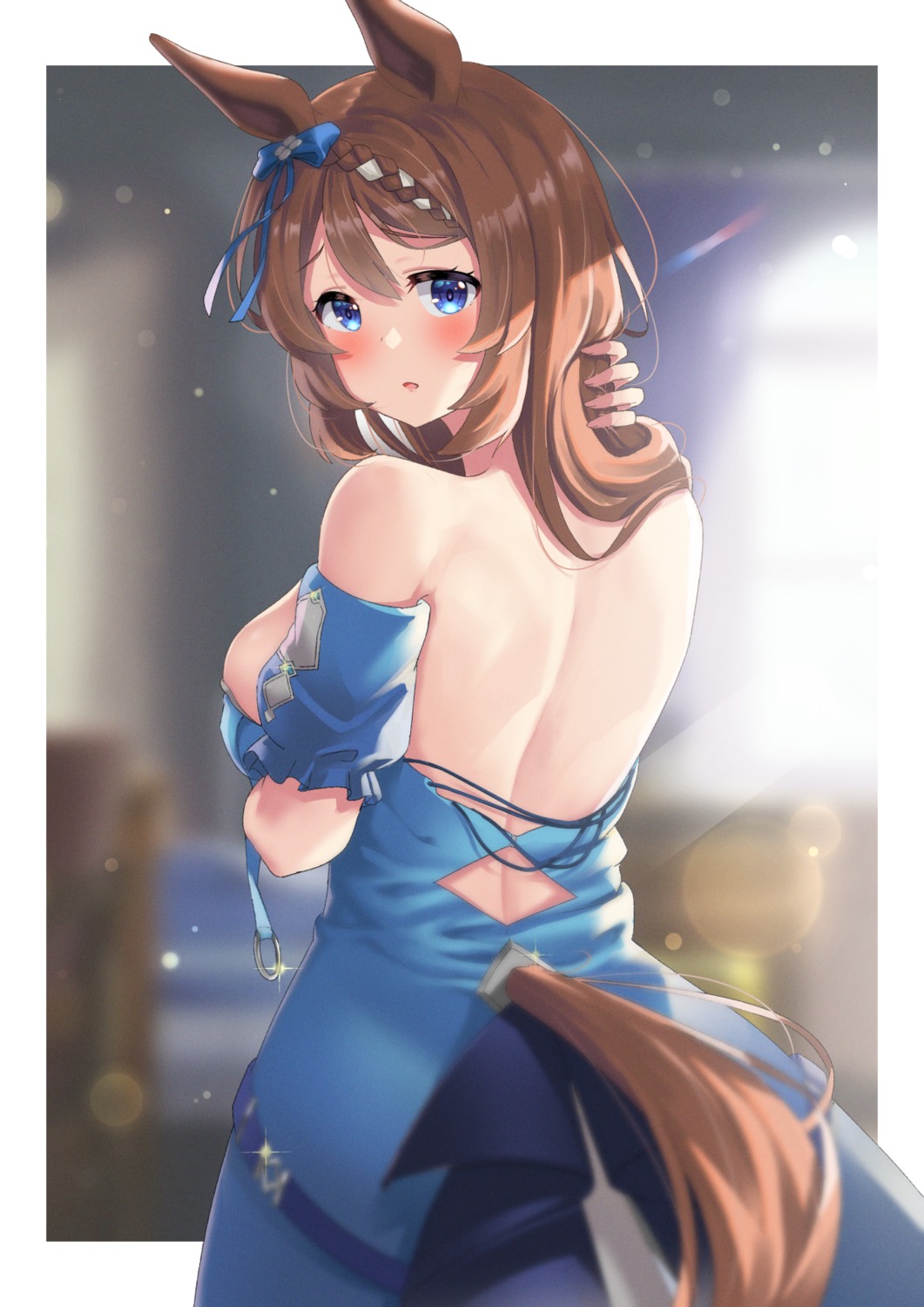 animal_ears, breast_hold, cstv, dress, no_bra, super_creek_(umamusume), tail, uma_musume_pretty_derby