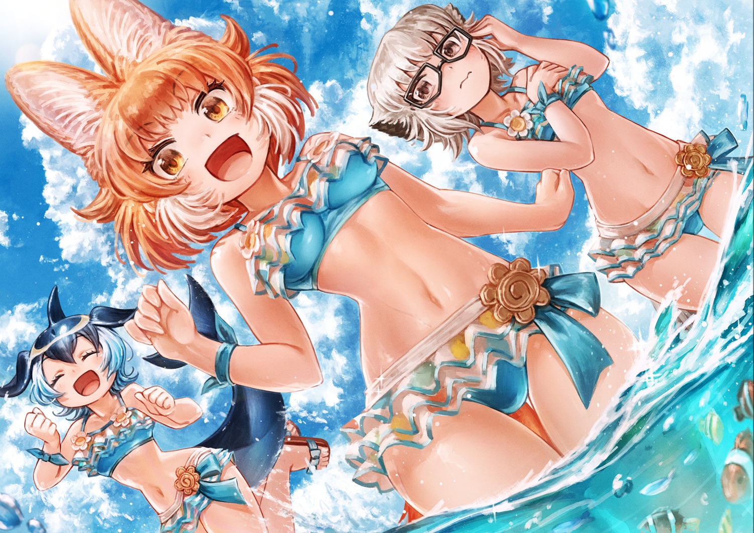animal_ears, bikini, dhole_(kemono_friends), kemono_friends, lain, meerkat_(kemono_friends), megane, short-beaked_common_dolphin, swimsuits, tail, wet