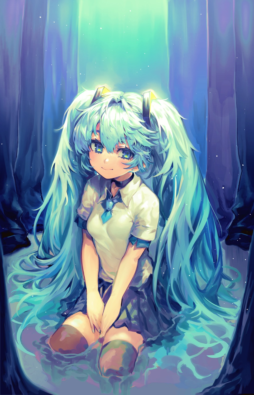 hatsune_miku, maido_mido, seifuku, thighhighs, vocaloid, wet