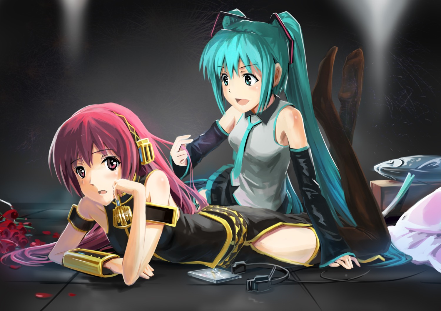 hatsune_miku, megurine_luka, streamingsun, thighhighs, vocaloid