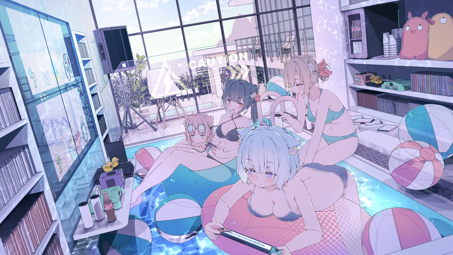 animal_ears, bikini, cleavage, hoji, megane, swimsuits, wallpaper, wet