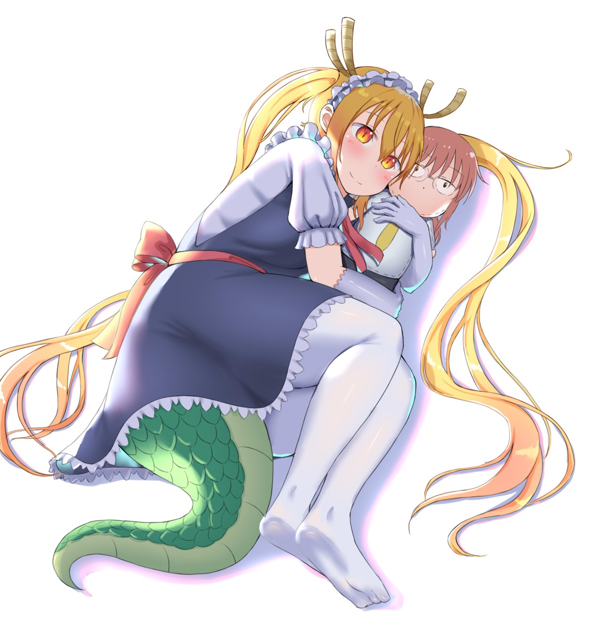 chibi, feet, horns, kobayashi-san_chi_no_maidragon, kobayashi_(maidragon), maid, megane, pantyhose