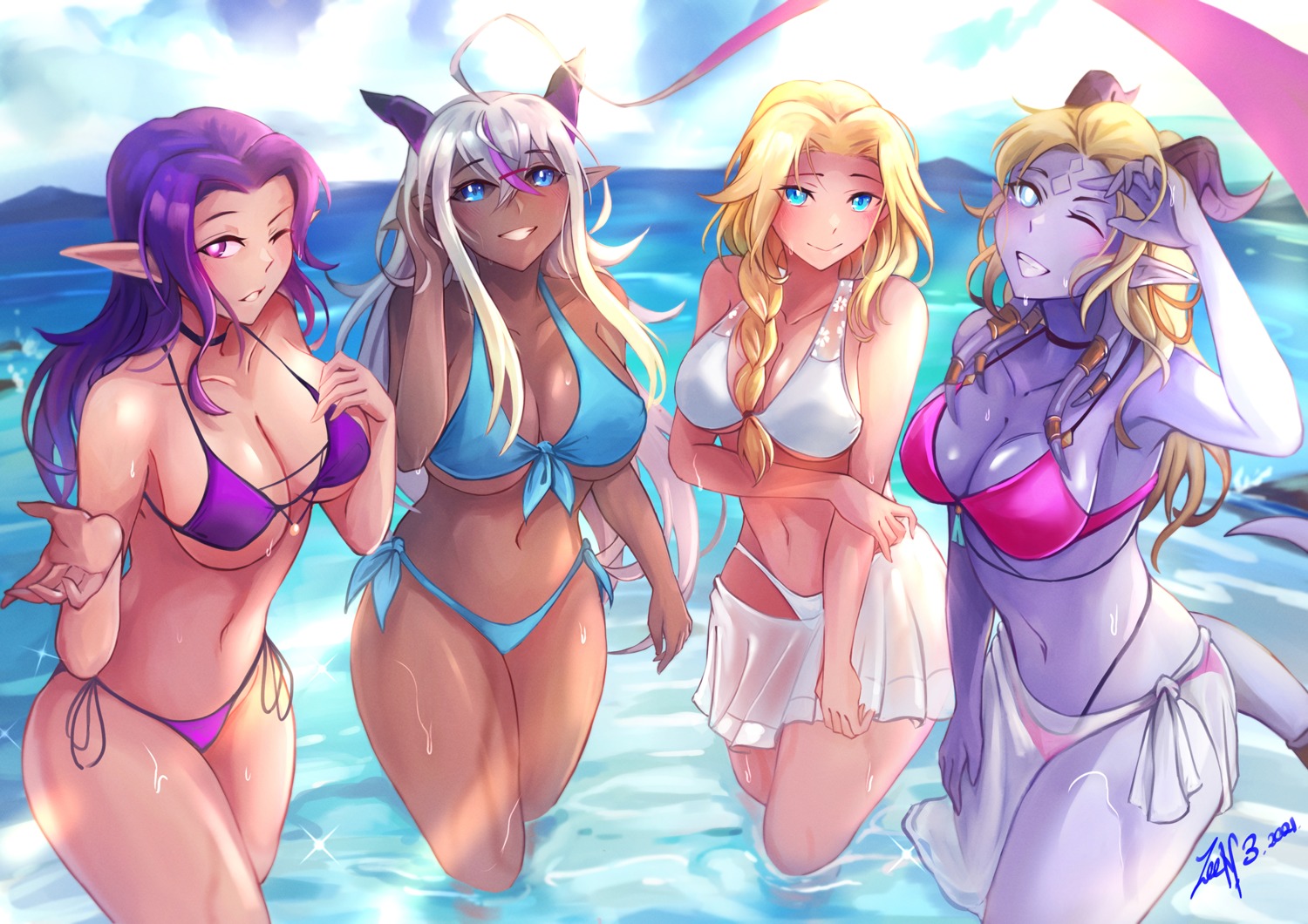 bikini, horns, monster_girl, pointy_ears, see_through, swimsuits, tail, wet, zeen3