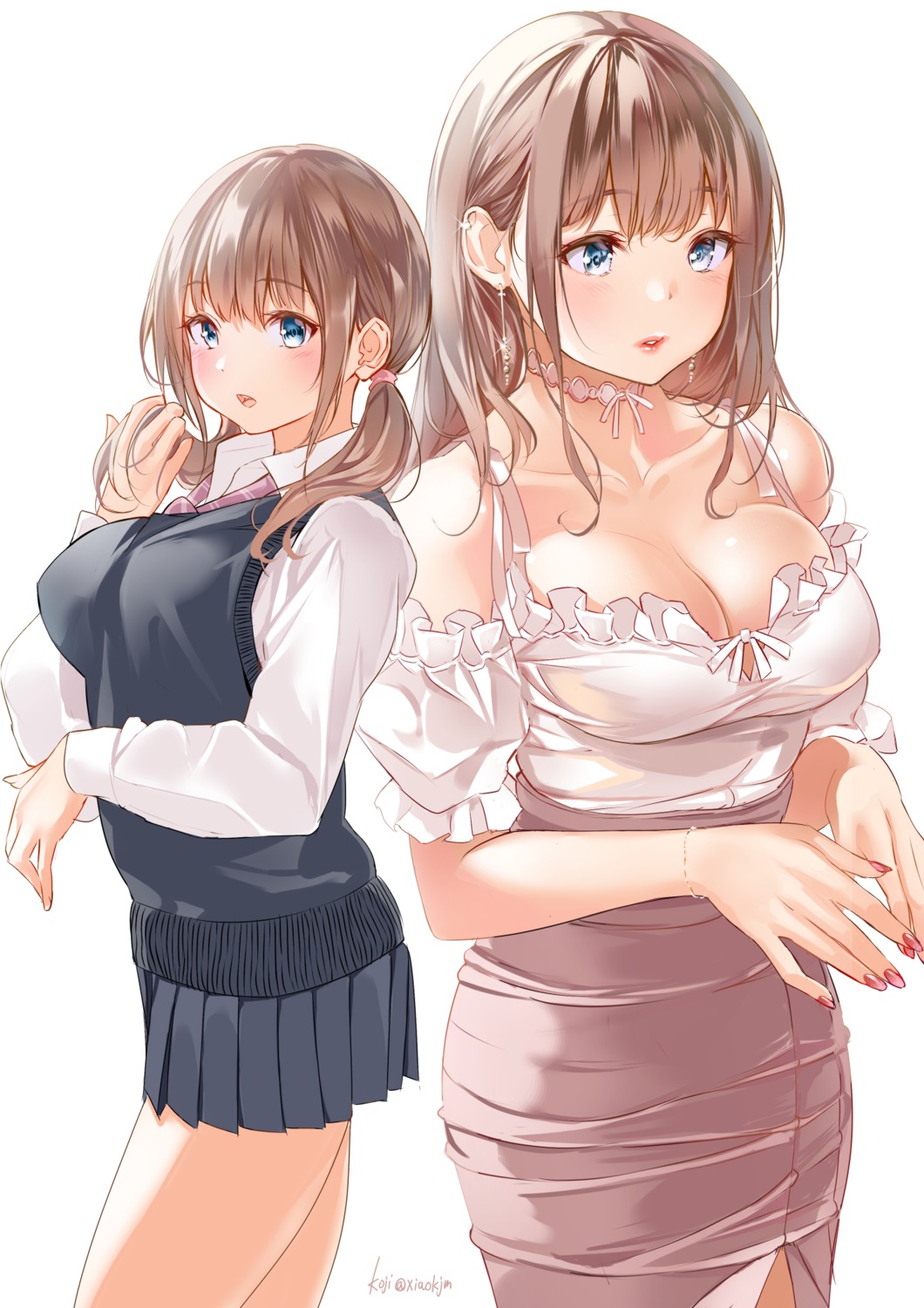 cleavage, koji_(kojikojimdw), no_bra, open_shirt, seifuku, sweater