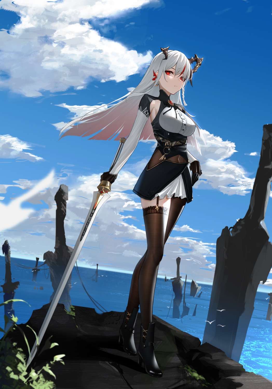 anming, heels, horns, stockings, sword, thighhighs