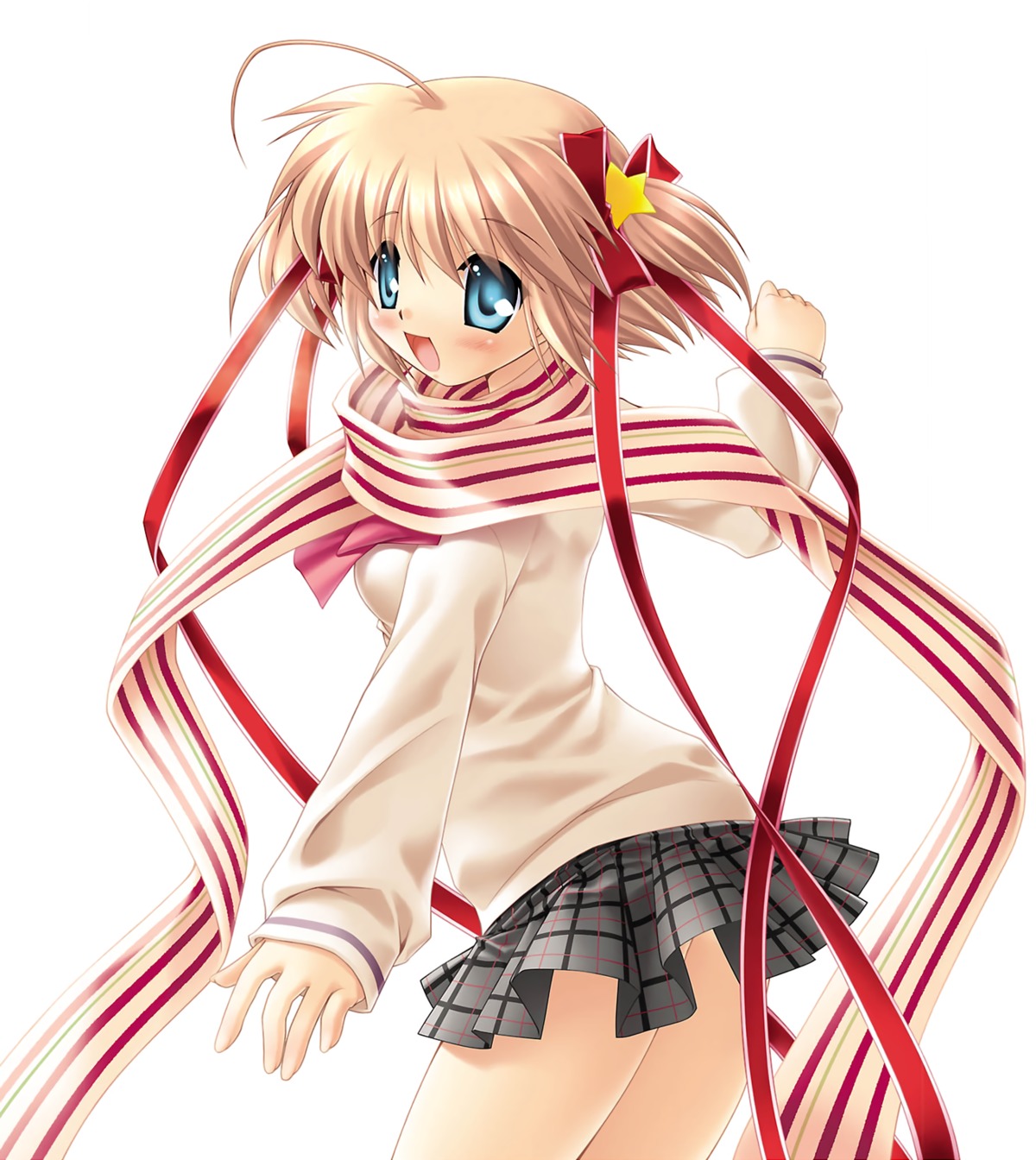 hinoue_itaru, kamikita_komari, key, little_busters!, seifuku, skirt_lift, sweater