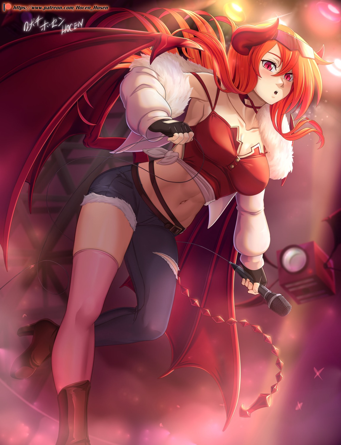 heels, holcen_hosen, horns, karei_(holcen_hosen), no_bra, tail, thighhighs, torn_clothes