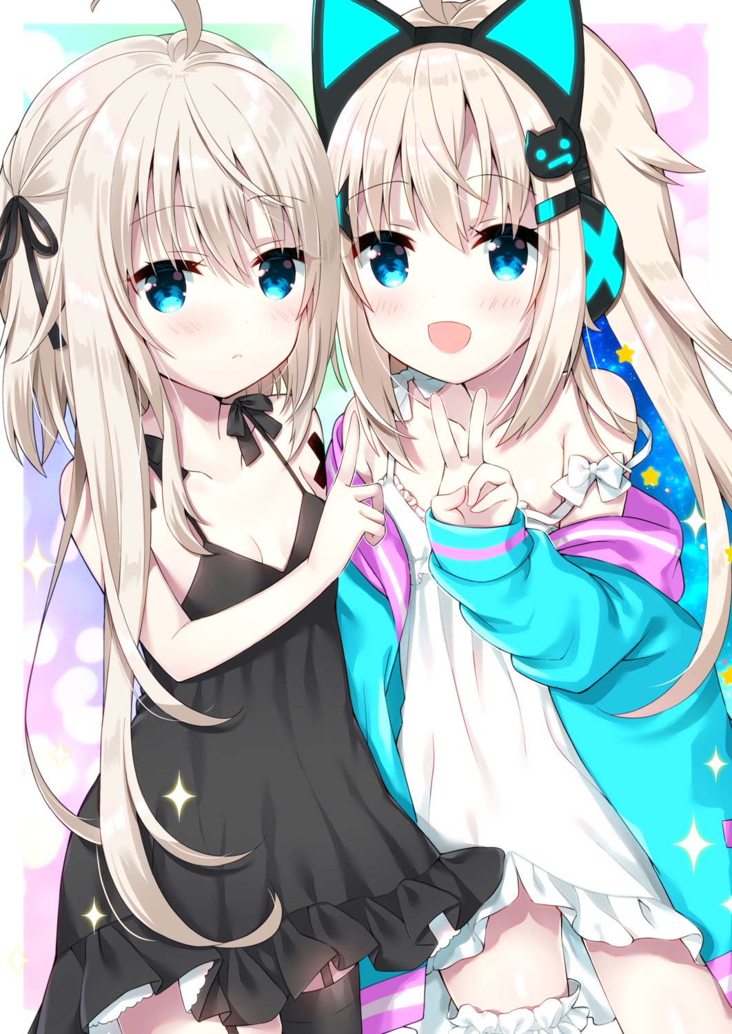 animal_ears, garter, headphones, lingerie, nekomimi, no_bra, skirt_lift, stockings, thighhighs, tia-chan, uchuuneko, uchuuneko_(virtual_youtuber), uchuuneko_channel