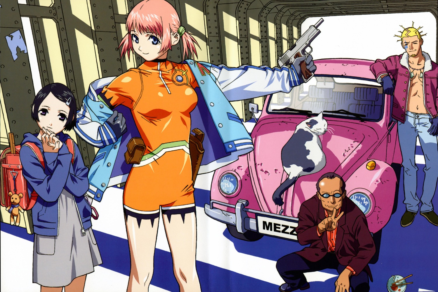 bodysuit, dress, gun, harada_tomohisa, igarashi_asami, kurokawa_kenichi, megane, mezzo_forte, neko, open_shirt, screening, suzuki_mikura, umetsu_yasuomi