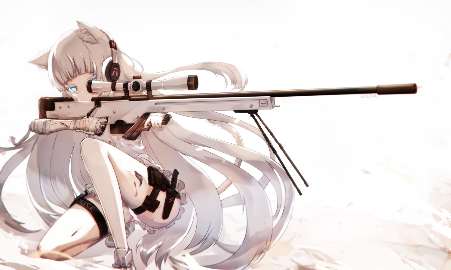 animal_ears, artist_revision, awp_(girls_frontline), bandages, girls_frontline, gun, headphones, mecha_musume