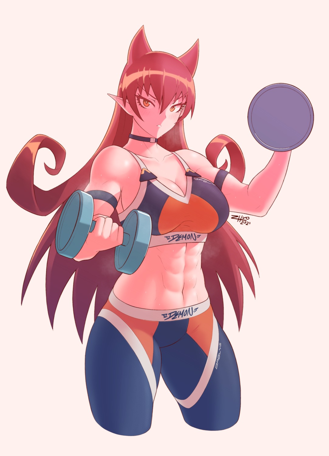 azazel_ameri, bra, cleavage, gym_uniform, mairimashita!_iruma-kun, pointy_ears, zhvo