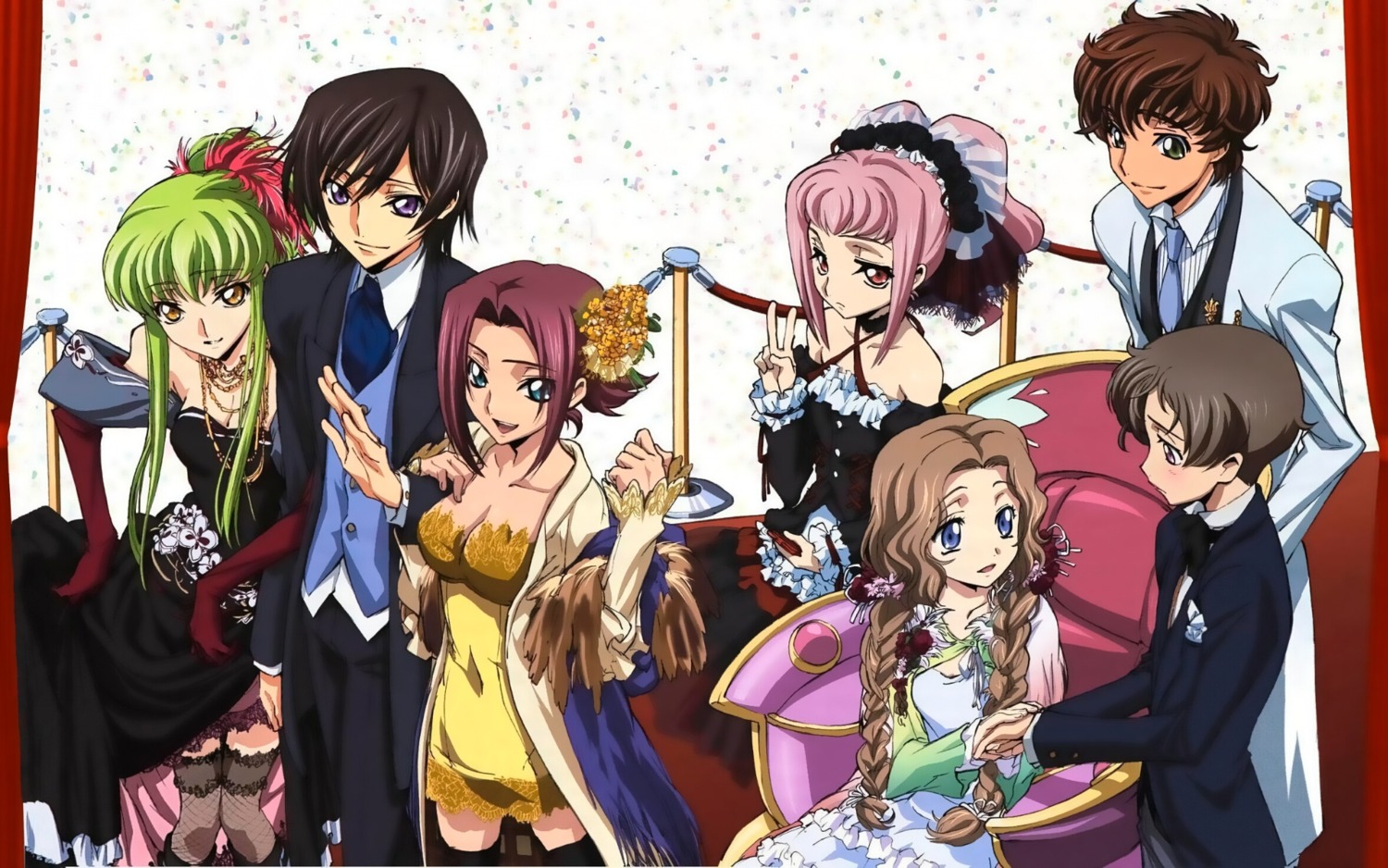 anya_alstreim, c.c., code_geass, dress, ishida_kana, kallen_stadtfeld, kururugi_suzaku, lelouch_lamperouge, nunnally_lamperouge, rollo_lamperouge, wallpaper