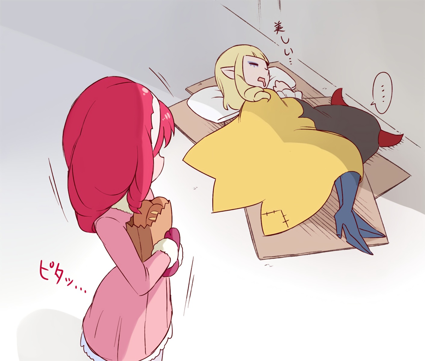 akagi_towa, dress, go!_princess_precure, heels, horns, pointy_ears, precure, sheets, shut_(precure), toku_(ke7416613)