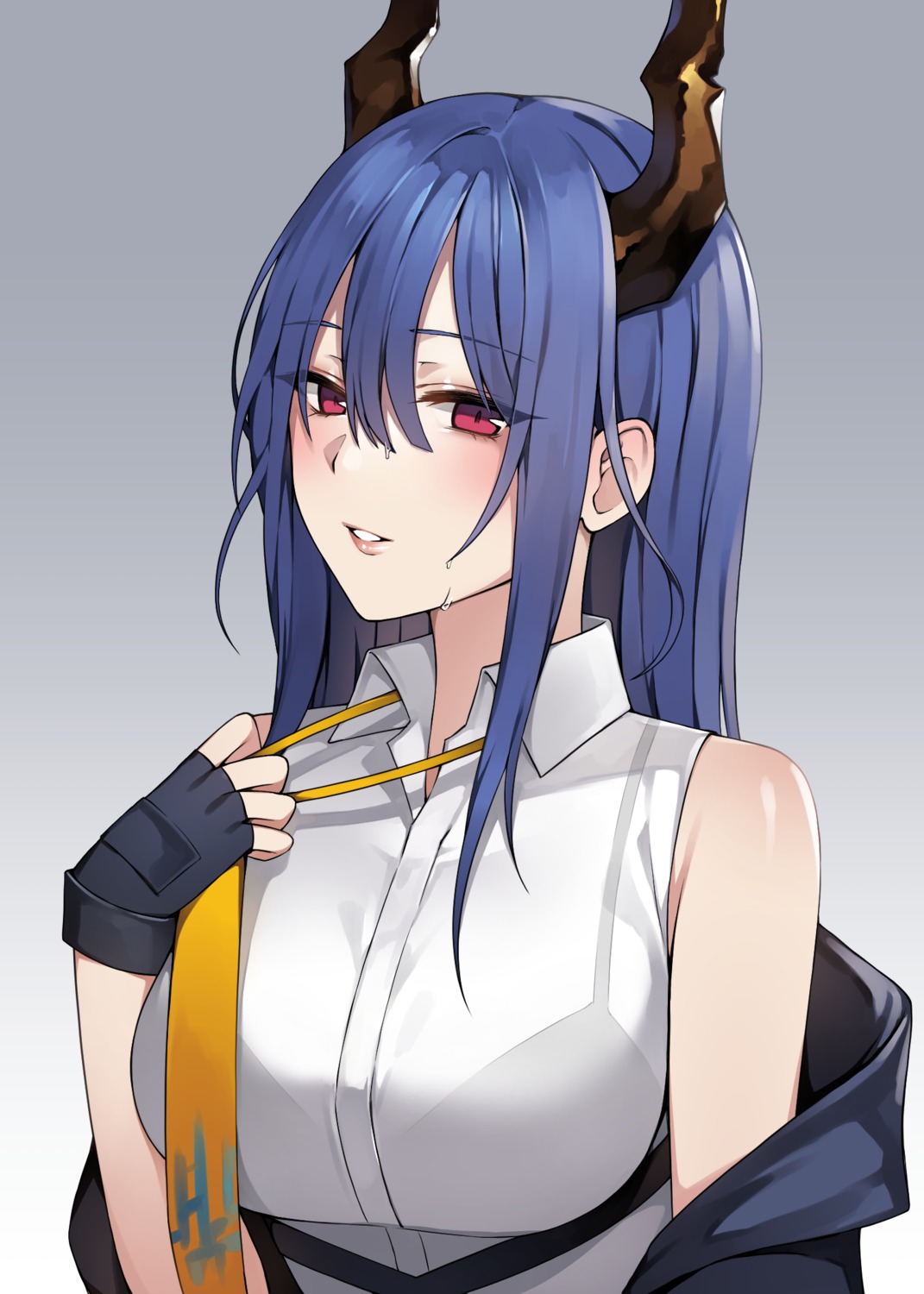arknights, bra, canape, ch'en_(arknights), horns, see_through, undressing