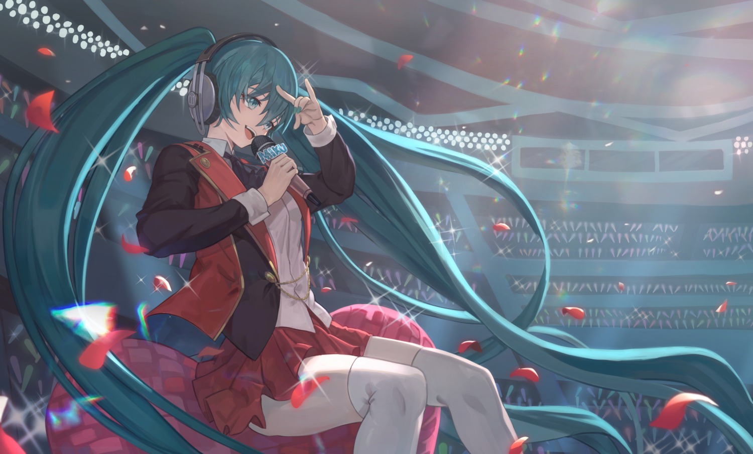 hatsune_miku, headphones, ne.corn, thighhighs, vocaloid