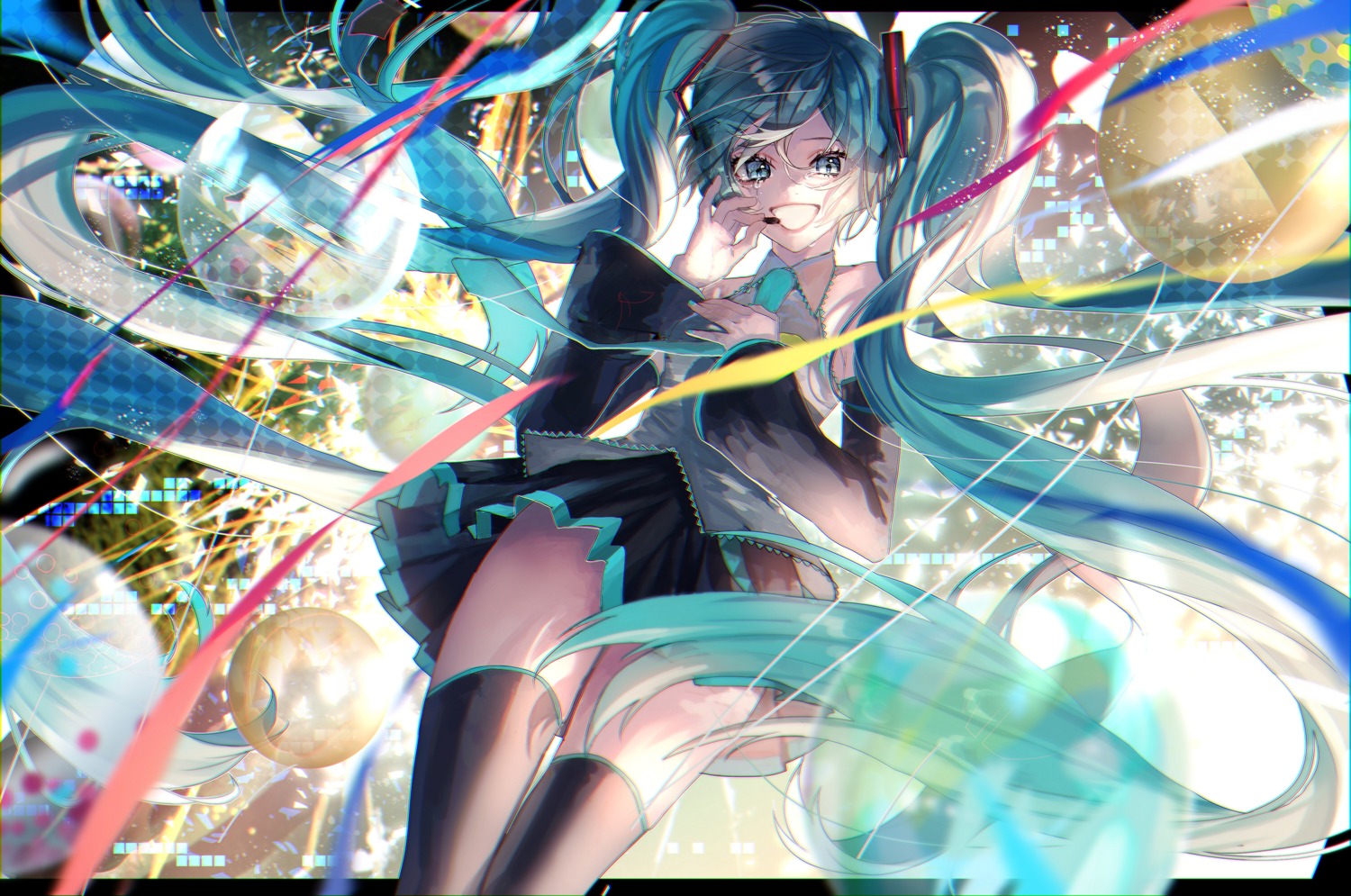 hatsune_miku, headphones, loga, thighhighs, vocaloid