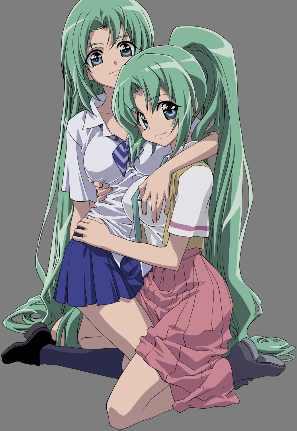 breast_grab, higurashi_no_naku_koro_ni, nakajima_atsuko, seifuku, sonozaki_mion, sonozaki_shion, transparent_png, vector_trace