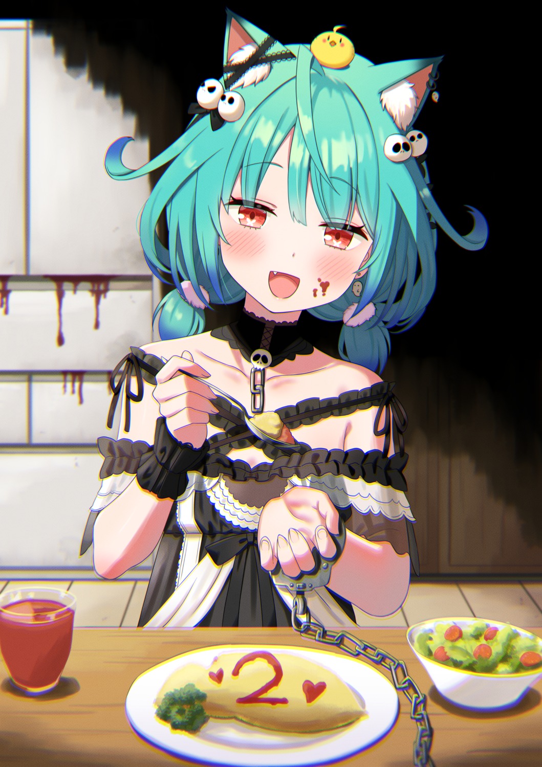 animal_ears, blood, cleavage, cream, dorianpanda, dress, gothic_lolita, hololive, lolita_fashion, nekomimi, no_bra, see_through, uruha_rushia