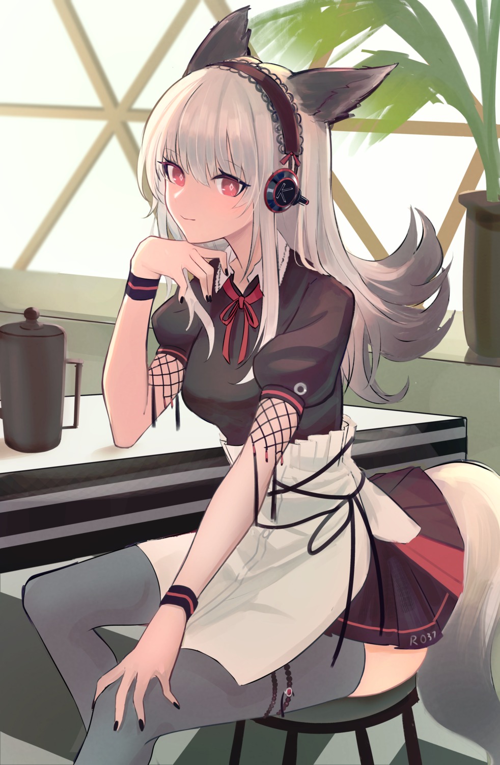 animal_ears, arknights, frostleaf_(arknights), garter, shino_duka, skirt_lift, tail, thighhighs