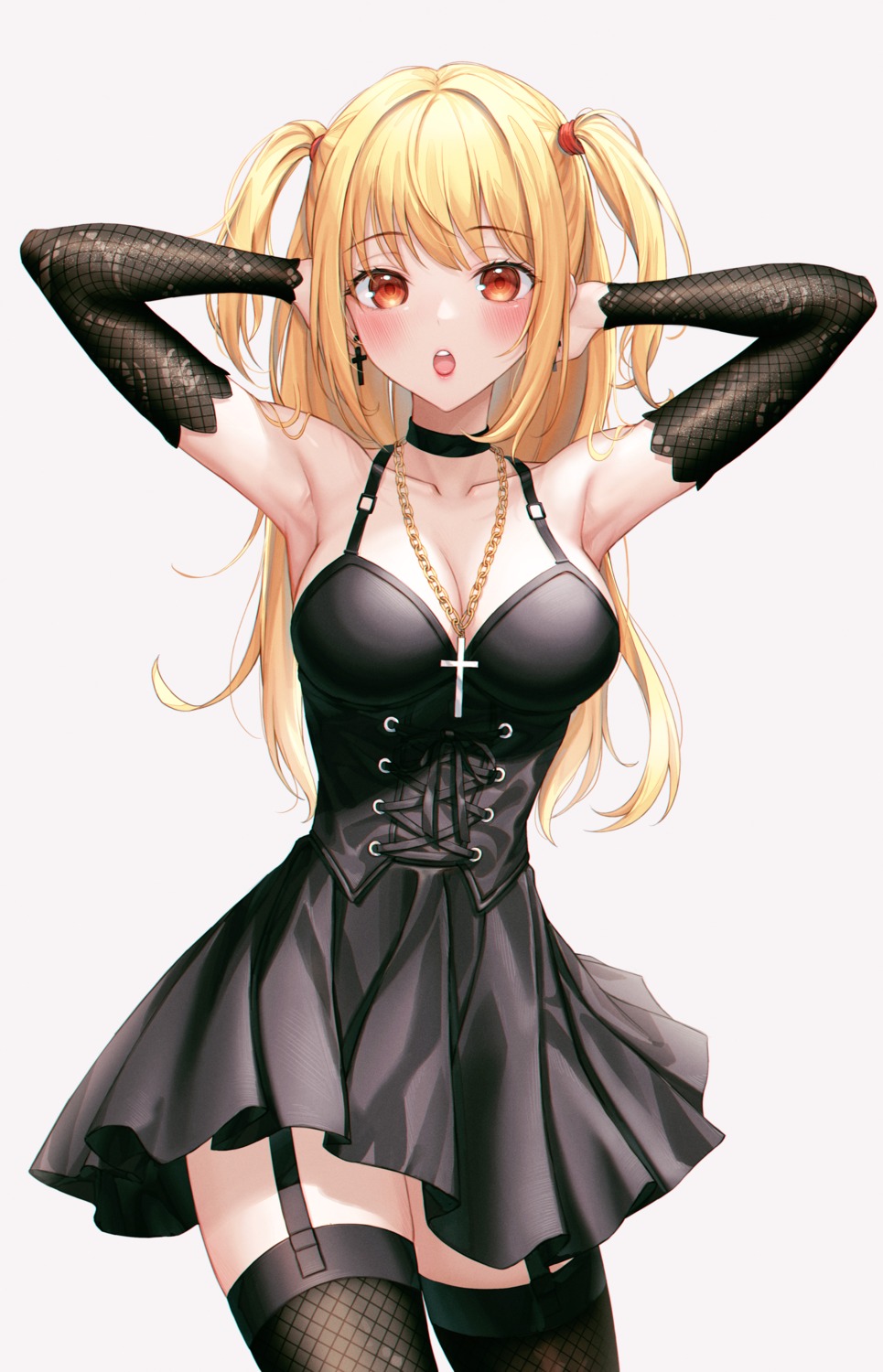 amane_misa, cleavage, death_note, dress, eichi_(skskdi12z), fishnets, stockings, thighhighs