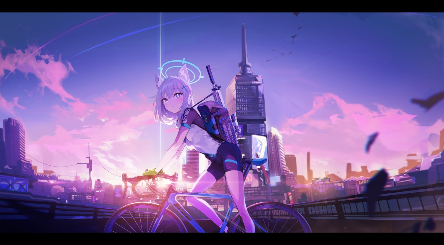 animal_ears, bike_shorts, blue_archive, gun, halo, nekomimi, sunaookami_shiroko, sword