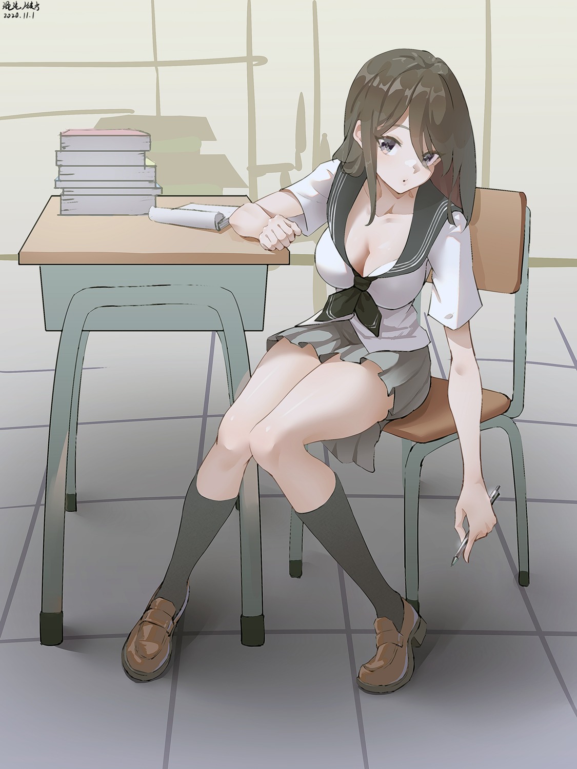 cleavage, hundun_no_bifang, open_shirt, seifuku