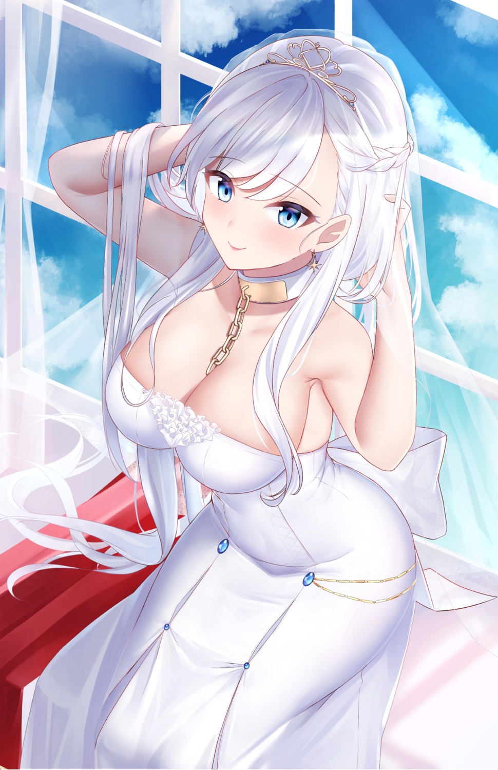 artist_revision, azur_lane, belfast_(azur_lane), dress, jyu-so, no_bra, wedding_dress