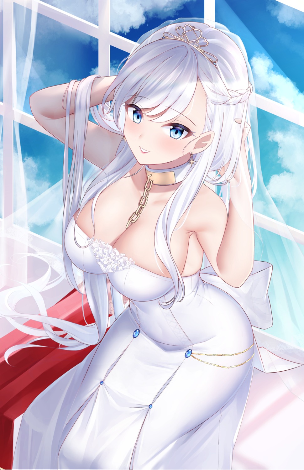 artist_revision, azur_lane, belfast_(azur_lane), dress, jyu-so, no_bra, wedding_dress