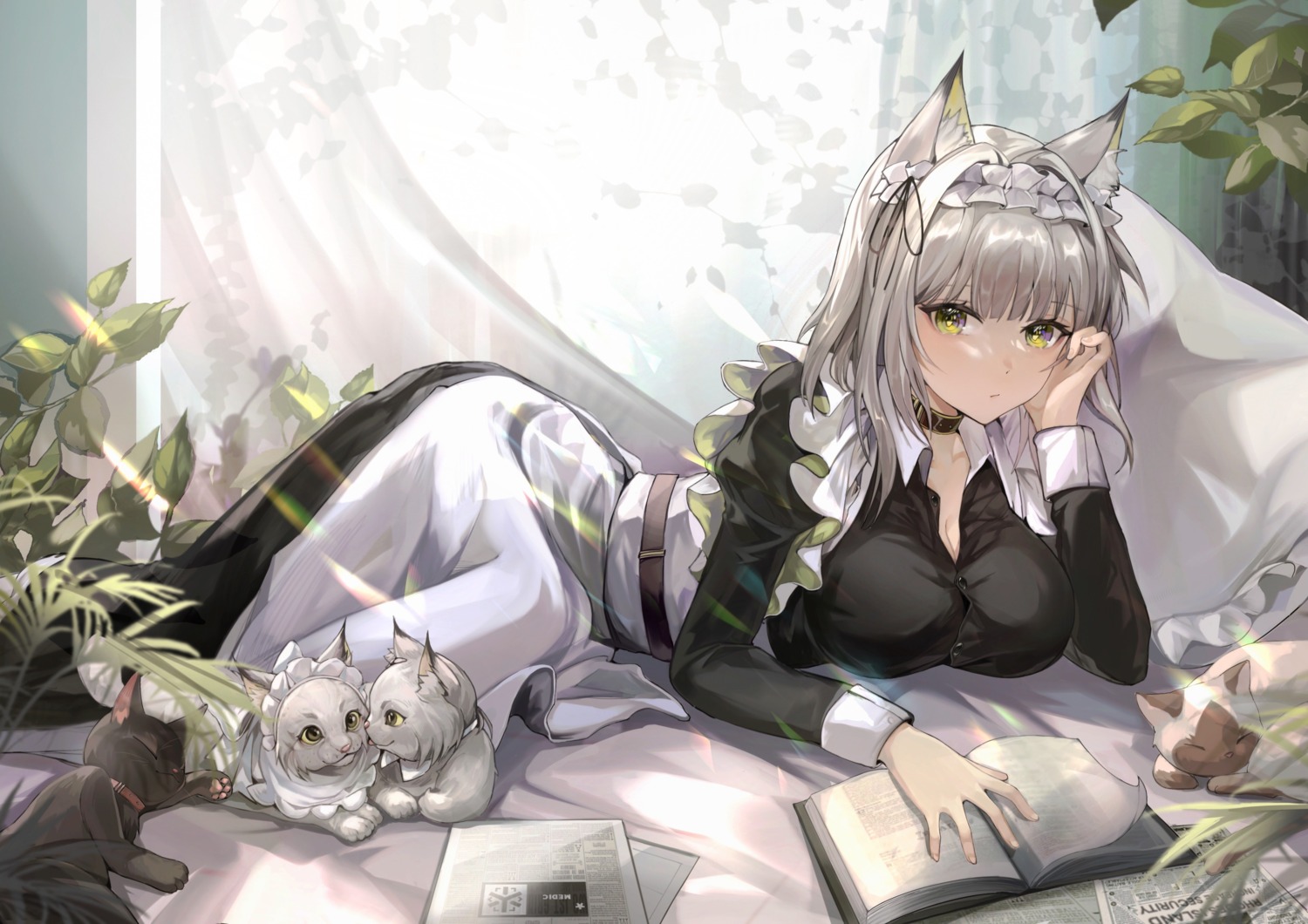 animal_ears, arknights, cleavage, kal'tsit_(arknights), maid, neko, nekomimi, tabayashi