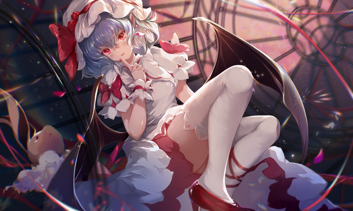 azusa0v0, dress, heels, pointy_ears, remilia_scarlet, skirt_lift, thighhighs, touhou, wings