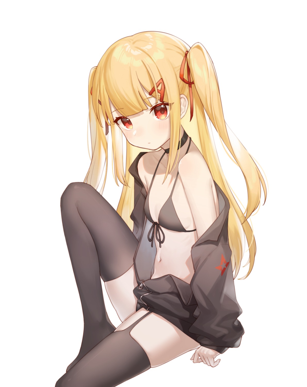 bikini, miyayoki, open_shirt, stockings, swimsuits, thighhighs