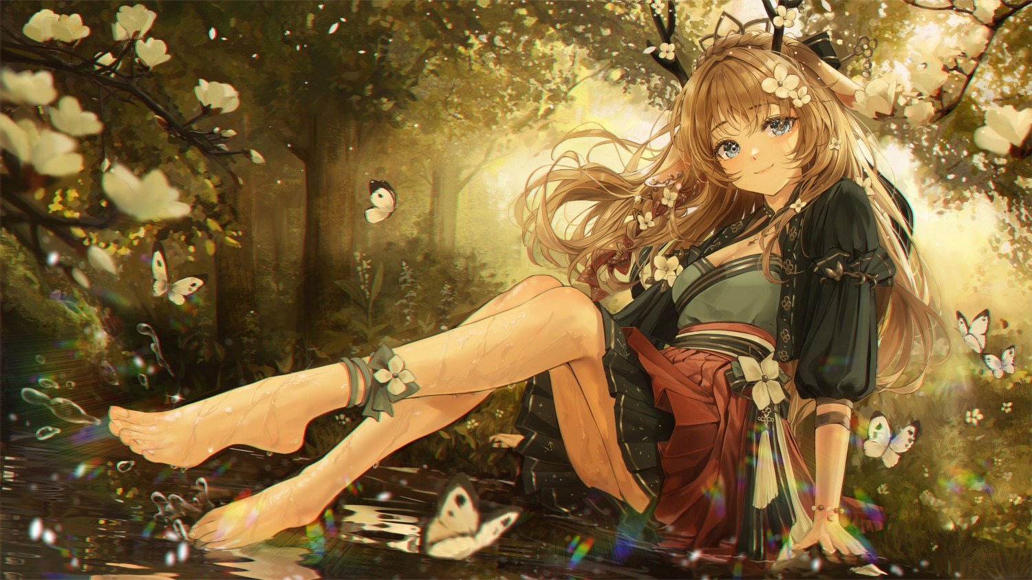 animal_ears, bbeedol, cleavage, feet, horns, japanese_clothes, skirt_lift, wet