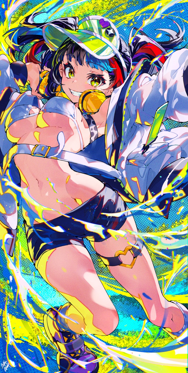 bike_shorts, bikini_top, fate/grand_order, garter, headphones, mika_pikazo, open_shirt, sei_shounagon_(fate), swimsuits