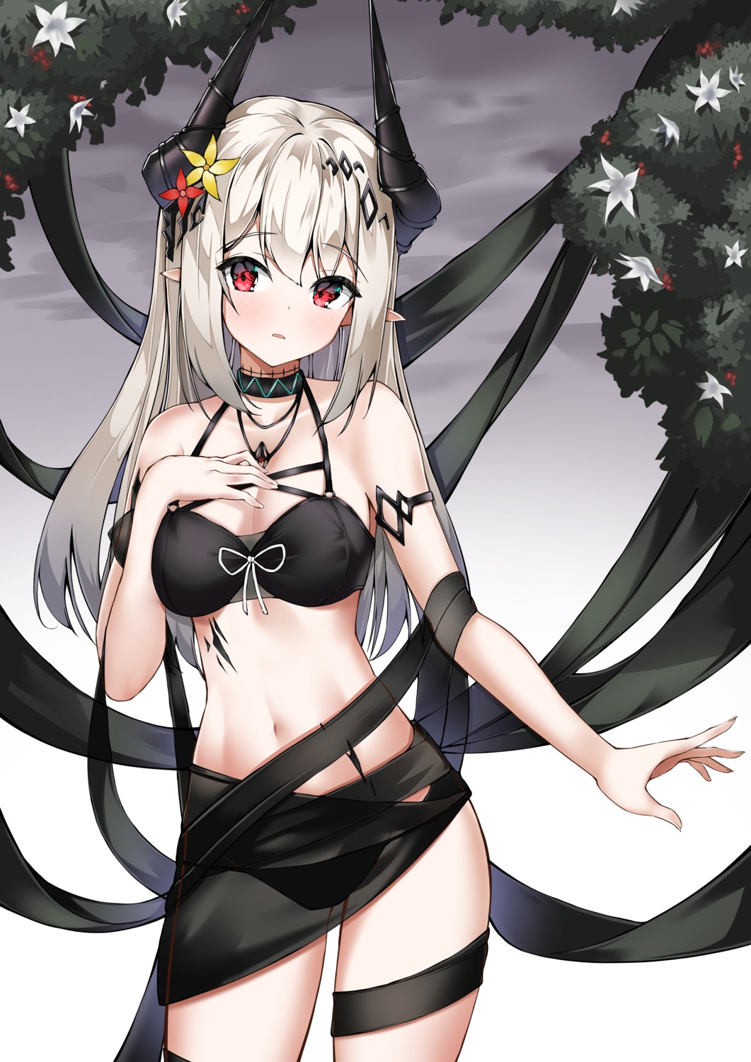arknights, bikini, cleavage, garter, horns, mudrock_(arknights), pointy_ears, see_through