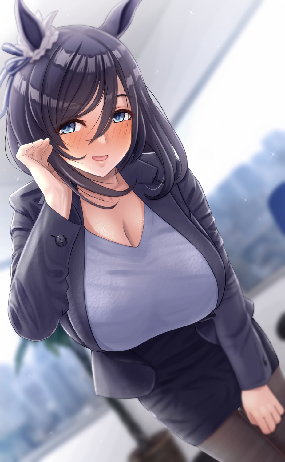 anetani_kiki, animal_ears, business_suit, cleavage, eishin_flash_(umamusume), sweater, uma_musume_pretty_derby