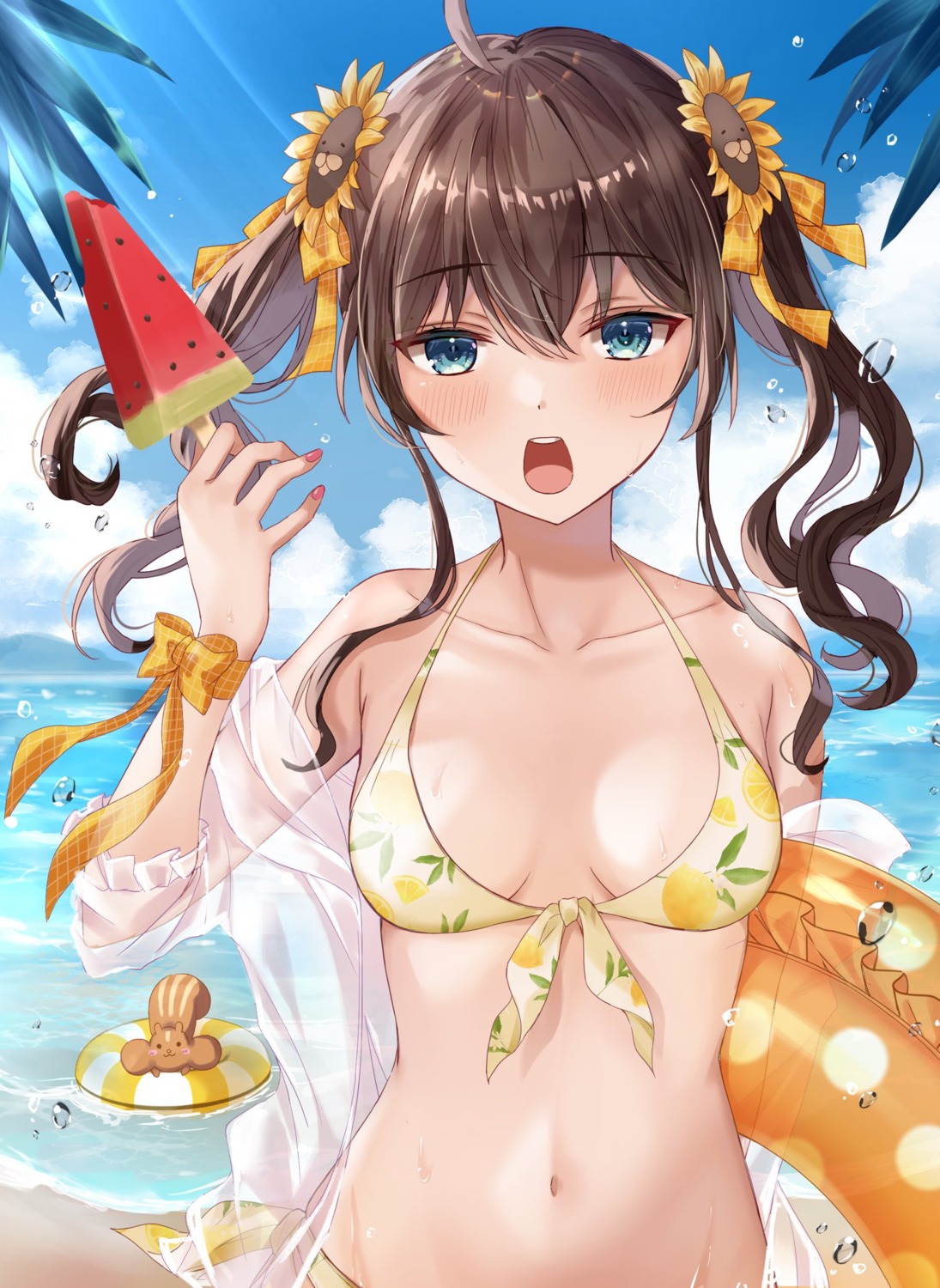 bikini, hololive, kebaboishii, natsuiro_matsuri, open_shirt, see_through, swimsuits