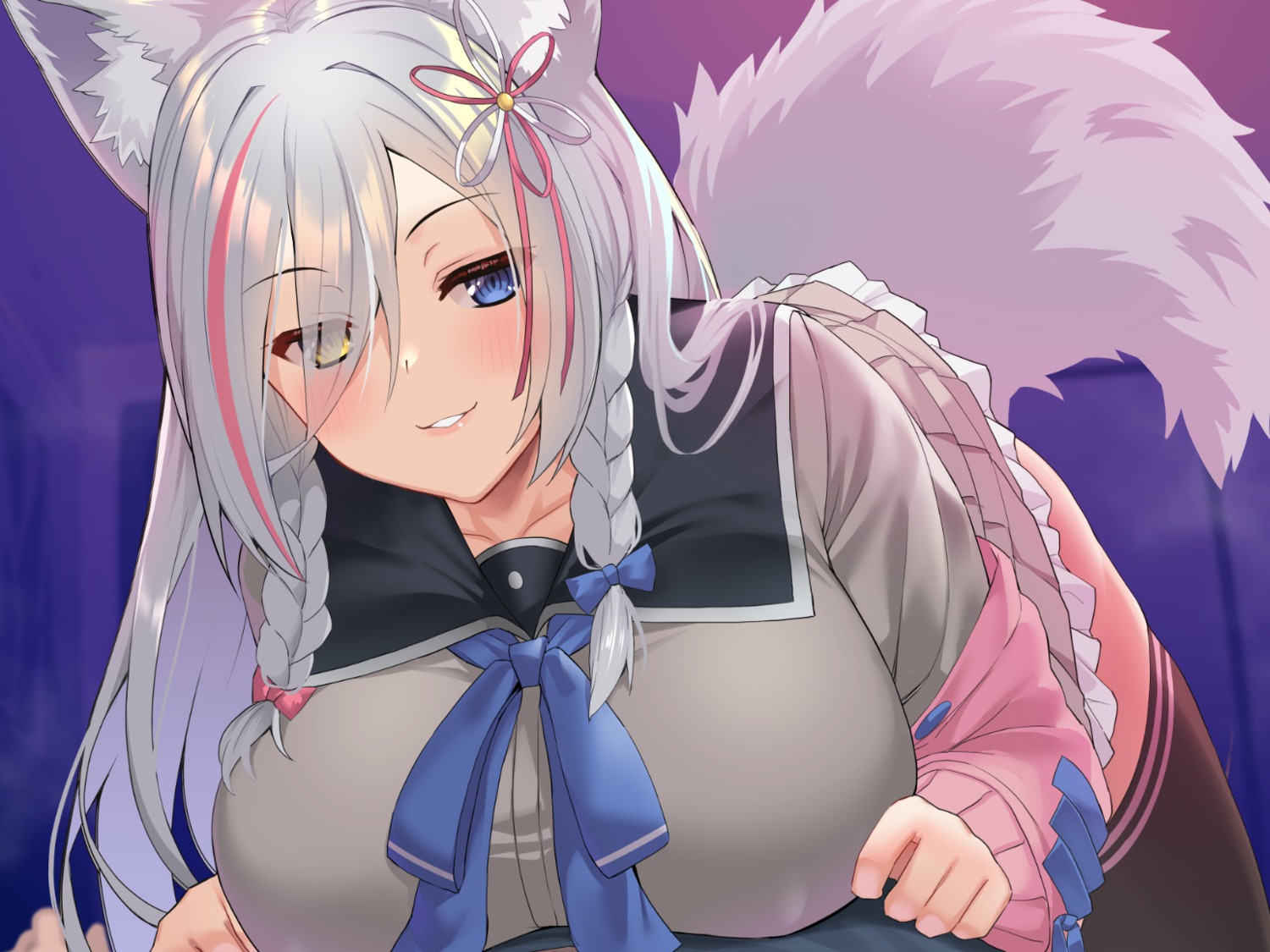 animal_ears, batsu, heterochromia, seifuku, sweater, tail, thighhighs