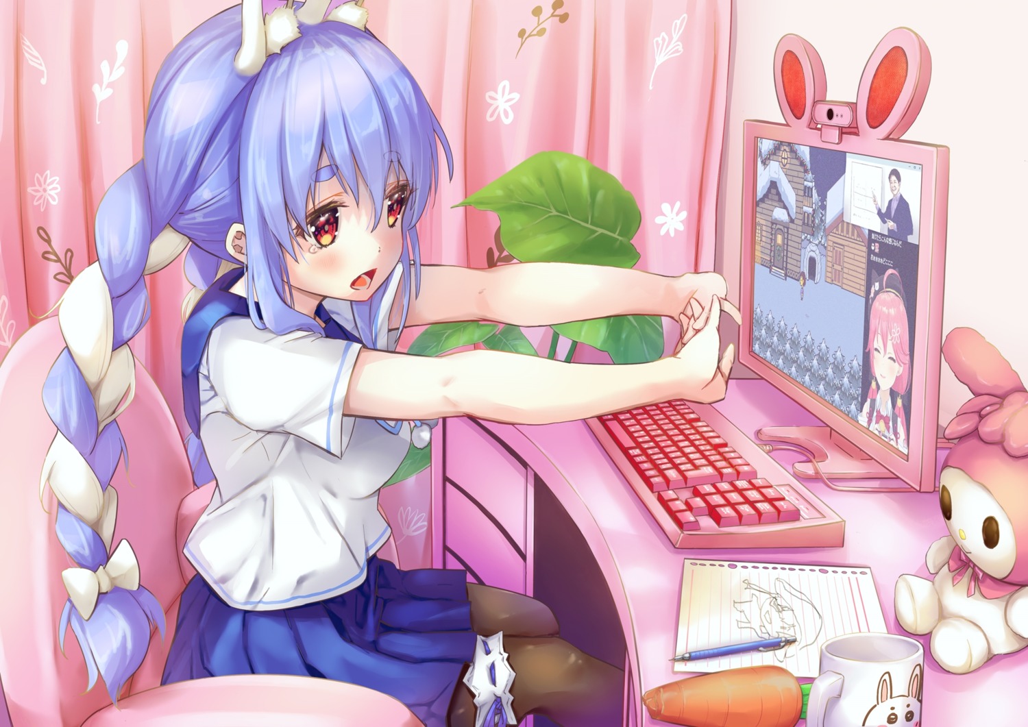 animal_ears, bunny_ears, garter, hololive, pantyhose, seifuku, tarunyan, usada_pekora