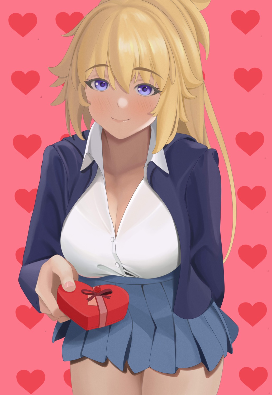 cleavage, fate/apocrypha, fate/stay_night, jeanne_d'arc, jeanne_d'arc_(fate), open_shirt, quatthro, see_through, seifuku, valentine