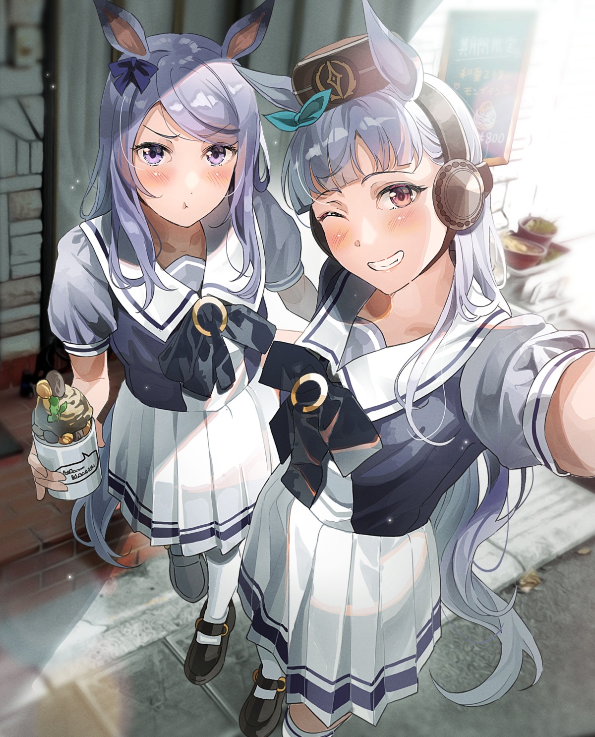 animal_ears, gold_ship_(umamusume), mejiro_mcqueen_(umamusume), seifuku, selfie, tail, thighhighs, tipii